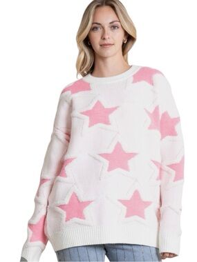 687:  BLUEVELVET NWT STARS SWEATER WHITE HOT PINK (OC)